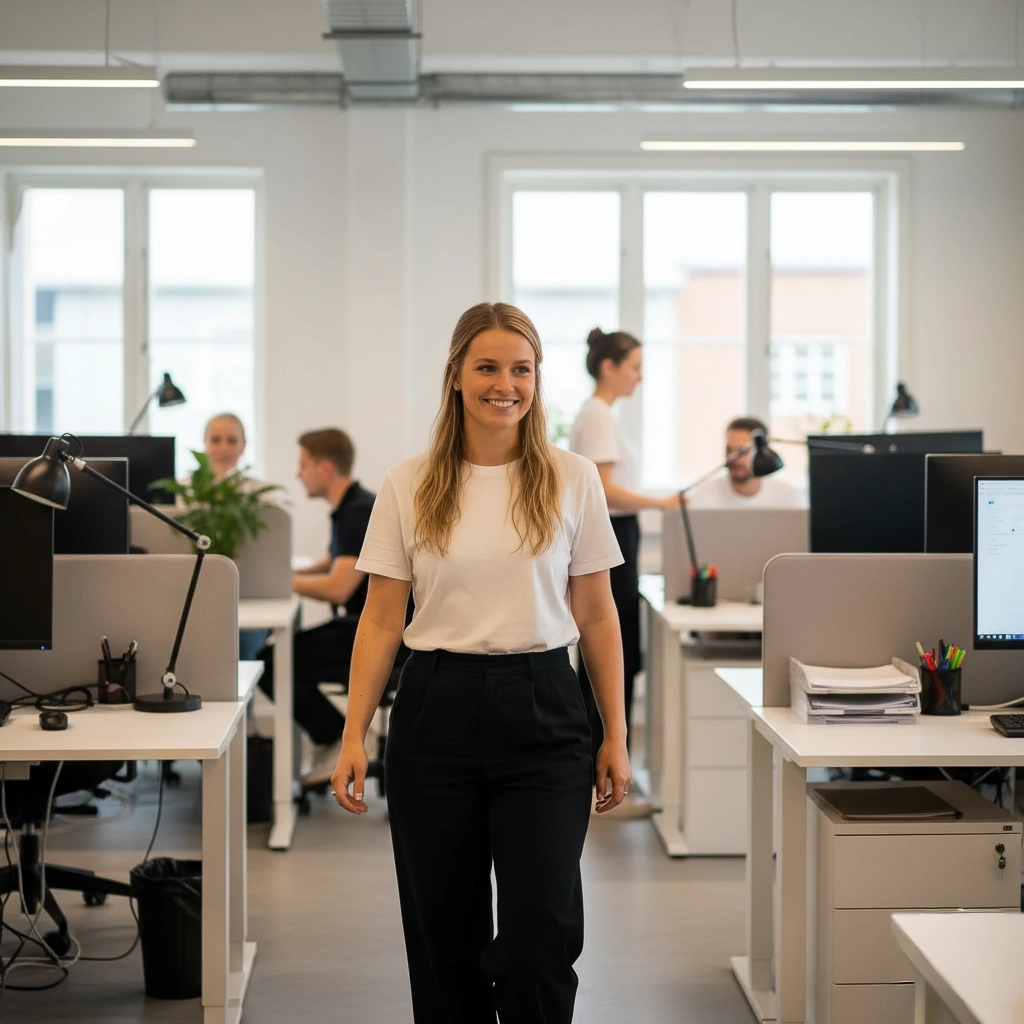 Lönekonsult på en professionell lönebyrå som arbetar med lönehantering, med kollegor i bakgrunden på kontoret.